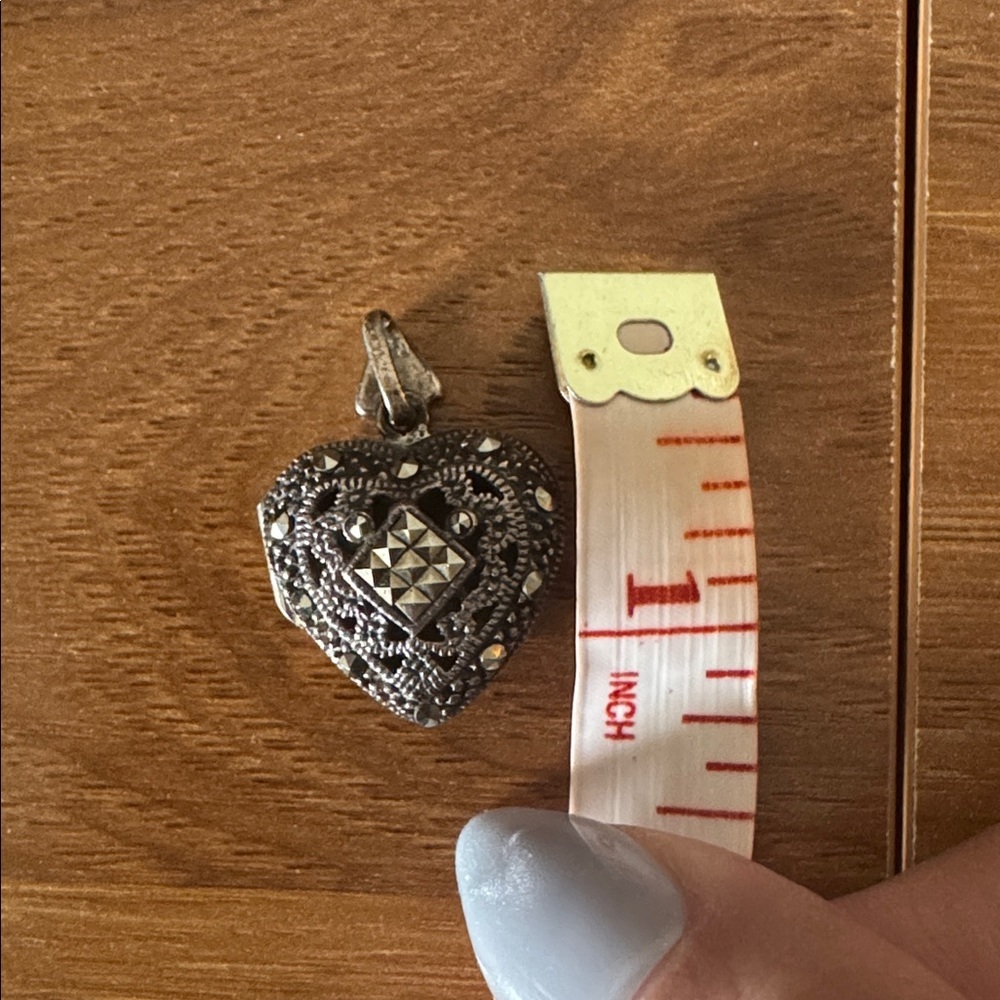 Vintage Sterling Silver Heart Locket Pendant Marcasite Art Deco Style - Picture 2 of 4